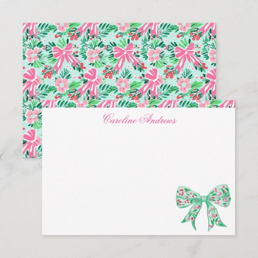 Preppy Roze & Groene Palm Beach Holly Bow Bedankkaart (Voorkant / Achterkant)