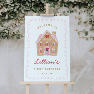 Preppy Roze Huis Van Peperkoek Verjaardags Welkom Poster