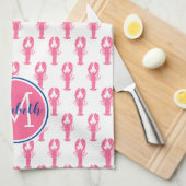 Preppy roze kreeften op wit met marine monogram theedoek (Quarter Fold)