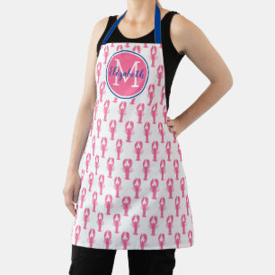 Preppy Roze Kreeften op Wit Met Navy Monogram Schort