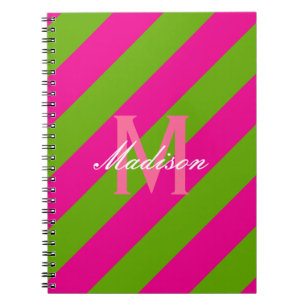 Preppy Roze & Limegroene Gestreepte Monogram Notitieboek