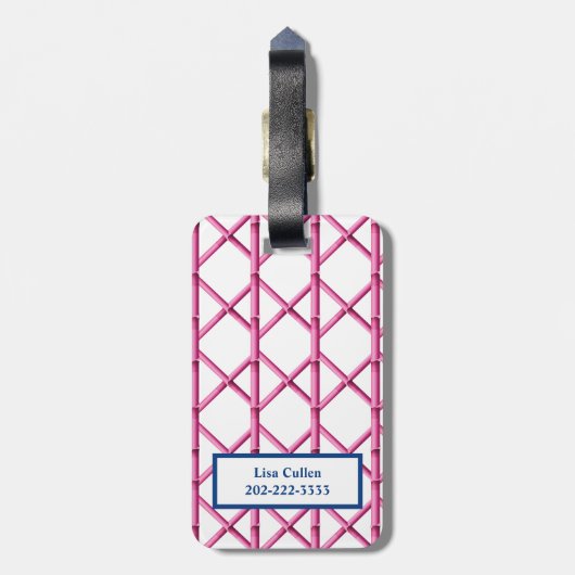 Preppy Roze Marine Trellis Bamboe Patroon Monogram Bagagelabel (Achterkant verticaal)