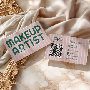 Preppy Roze Streep Groen Visagist QR Code Visitekaartje