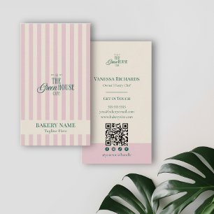Preppy Roze Strepen Groene Bakkerij Logo QR Code Visitekaartje