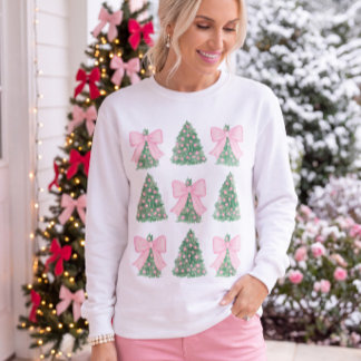 Preppy Roze Strik Trui met Kerstbomen