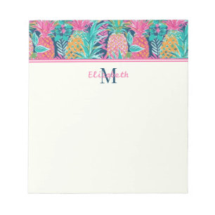 Preppy Roze Turquoise Marineblauw Ananas Monogram Notitieblok