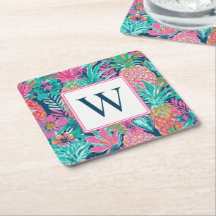 Preppy Roze Turquoise Marineblauw Ananas Monogram Vierkante Kartonnen Onderzetter