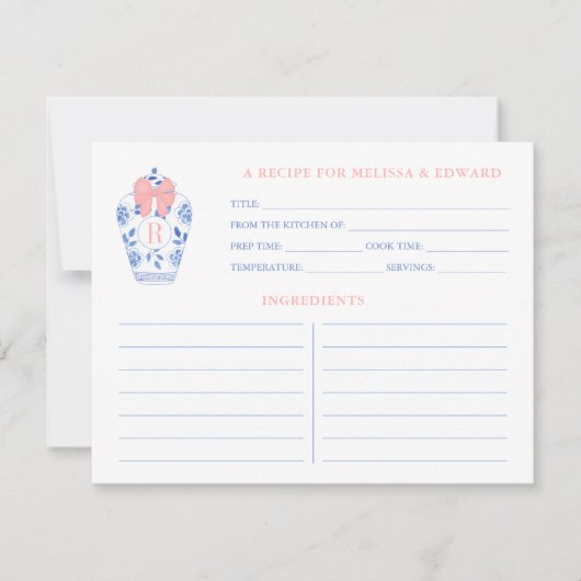 Preppy Roze Wit Blauw Monogram Douche Recept Kaart (Voorkant)