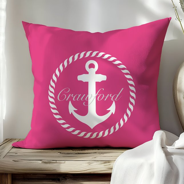 Preppy Roze & Witte Scheepsanker Monogram Kussen (Creator heeft geüpload)