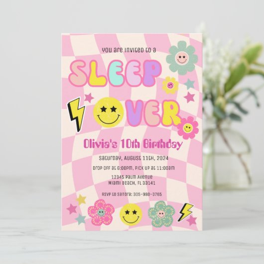 Preppy Roze Y2K Slaap Over Gelukkig Gezicht Verjaa Kaart (Staand voorkant)