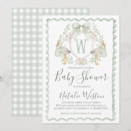 Preppy Sage Green Stork Boy Baby shower Kaart (Voorkant / Achterkant)