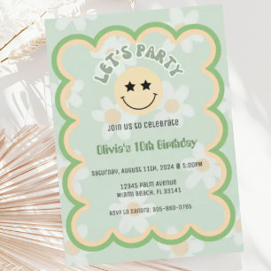 Preppy Sage Green Y2K Happy Face Party Verjaardag Kaart