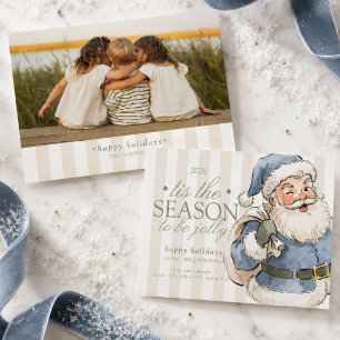 Preppy Saliegroene Typografie Kerstman Familie Fot Feestdagenkaart