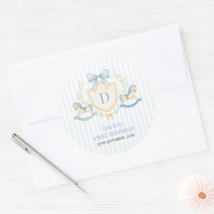 Preppy Schommelpaard Jongen Eerste Verjaardag Ronde Sticker