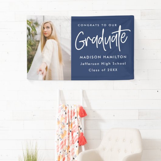 Preppy Script Navy Photo Afstuderen Spandoek (Insitu)