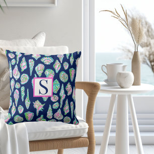 Preppy Sea Shells op Navy Blue Background Seaside Kussen
