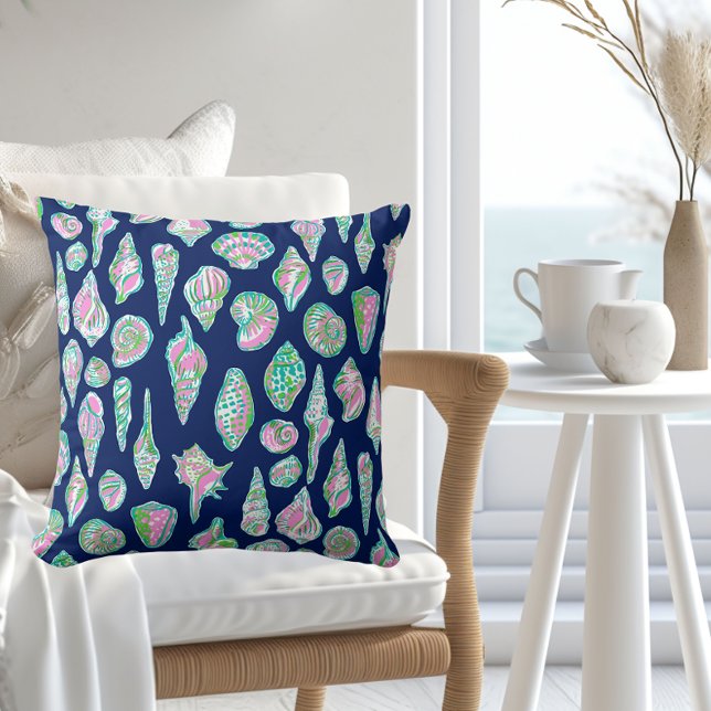 Preppy Sea Shells op Navy Blue Background Seaside Kussen (Creator heeft geüpload)