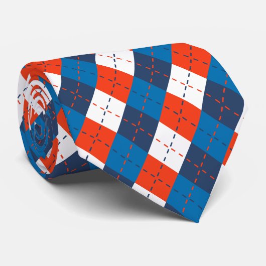 Preppy Sky Blue Navy Blauw Sinaasappel Wit Argyle Stropdas (Opgerold)