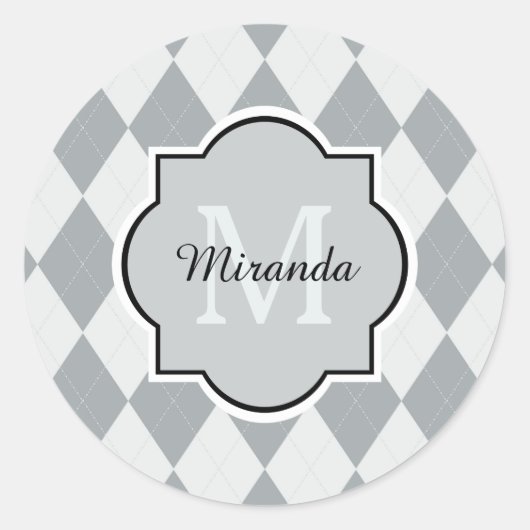 Preppy Soft Grey Argyle Girly Monogram en naam Ronde Sticker (Voorkant)
