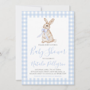 Preppy Southern Blue Gingham Bunny Baby shower Kaart