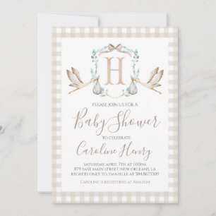 Preppy Southern Tan Stork Baby shower Invitation Kaart
