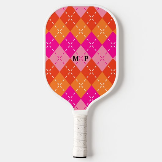 Preppy Sportief Roze en Sinaasappel Argyle Geperso Pickleball Paddle (Achterkant)