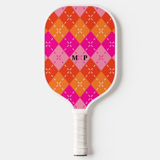 Preppy Sportief Roze en Sinaasappel Argyle Geperso Pickleball Paddle (Voorkant)