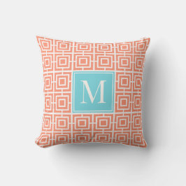 Preppy Square Lattice Monogram - Coral & Turquoise Buitenkussen