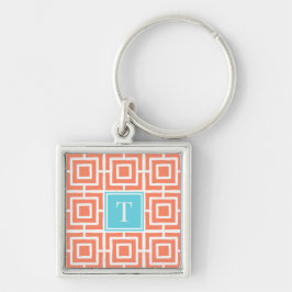 Preppy Square Lattice Monogram - Coral & Turquoise Sleutelhanger