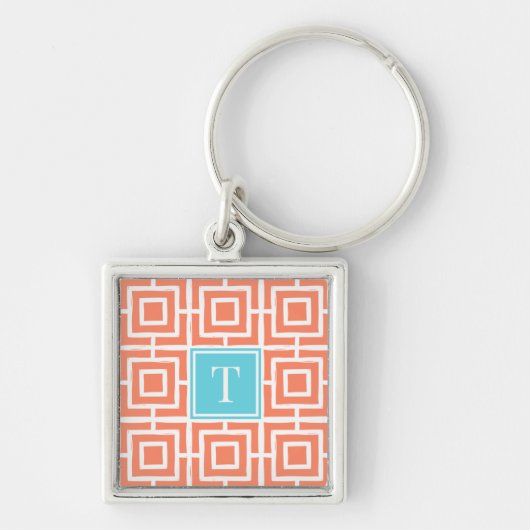 Preppy Square Lattice Monogram - Coral & Turquoise Sleutelhanger (Voorkant)