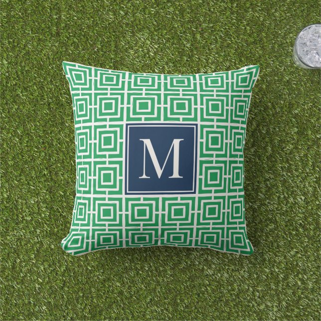 Preppy Square Lattice Monogram – Green & Navy Buitenkussen (Gras)