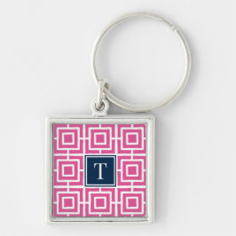 Preppy Square Lattice Monogram - Hot Pink & Navy Sleutelhanger