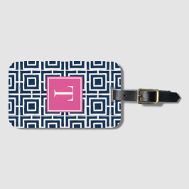 Preppy Square Lattice Monogram – Navy & Hot  Pink Bagagelabel