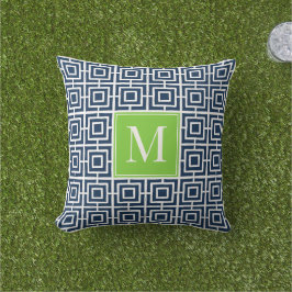 Preppy Square Lattice Monogram – Navy & Lime Buitenkussen