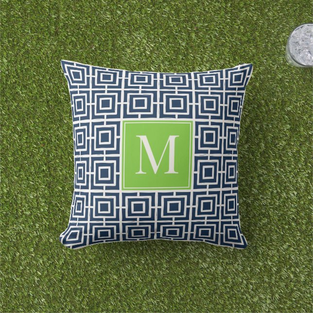 Preppy Square Lattice Monogram – Navy & Lime Buitenkussen (Gras)