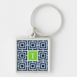 Preppy Square Lattice Monogram  - Navy & Lime Sleutelhanger