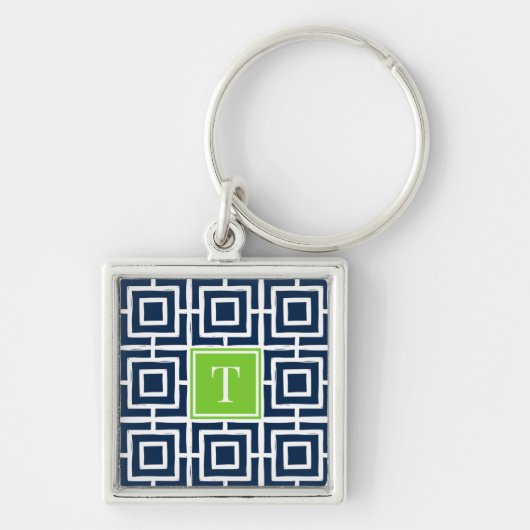 Preppy Square Lattice Monogram  - Navy & Lime Sleutelhanger (Voorkant)