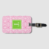 Preppy Square Lattice Monogram – Pink & Lime Bagagelabel (Voorkant (horizontaal))