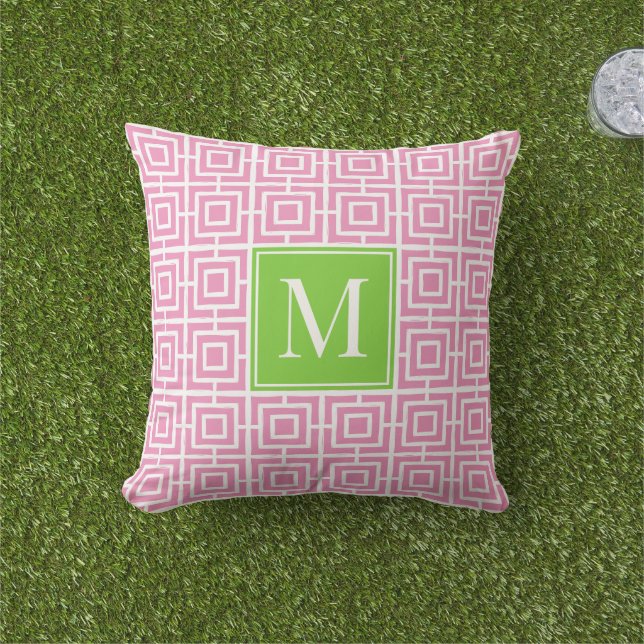 Preppy Square Lattice Monogram – Pink & Lime Buitenkussen (Gras)