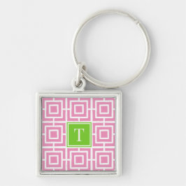Preppy Square Lattice Monogram  - Pink & Lime Sleutelhanger