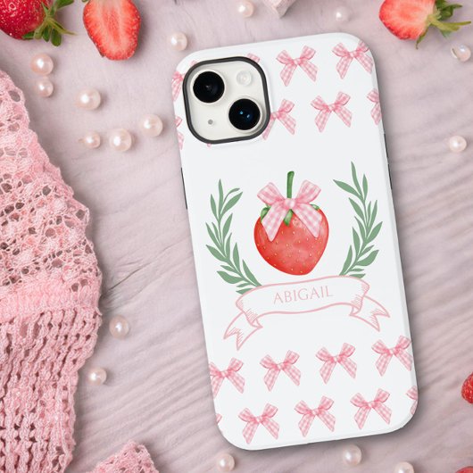 Preppy Strawberry Pink Gingham Bows gepersonalisee Case-Mate iPhone Case