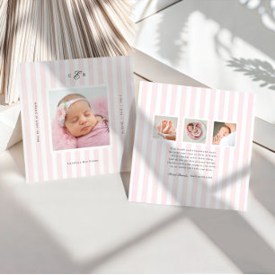 Preppy Strepen Monogram Foto Geboorteaankondiging Kaart