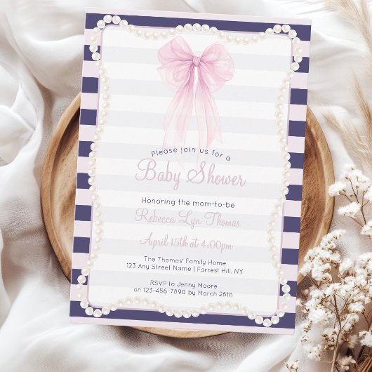 Preppy Strepen Roze Strik Parels Baby Shower Kaart
