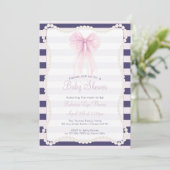 Preppy Strepen Roze Strik Parels Baby Shower Kaart (Staand voorkant)