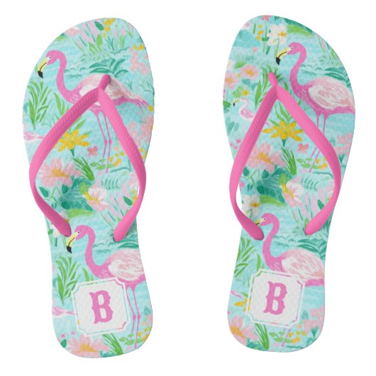 Preppy Summer Flamingo | Monogram Teenslippers (Voetbed)