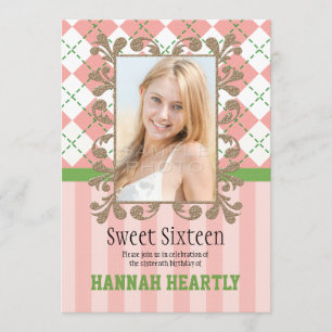 Preppy Sweet 16 Invitations Pink and Green Kaart