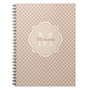 Preppy Tan Quatrefoil Mongogram met naam Notitieboek