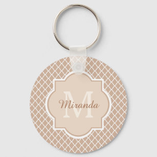Preppy Tan Quatrefoil Mongogram met naam Sleutelhanger