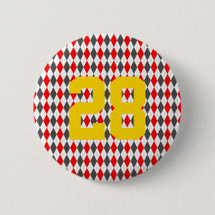 Preppy Team Spirit Argyle Red Black Yellow Number Ronde Button 5,7 Cm