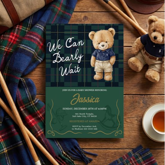 Preppy Teddy Bear Baby Shower Invitation Kaart